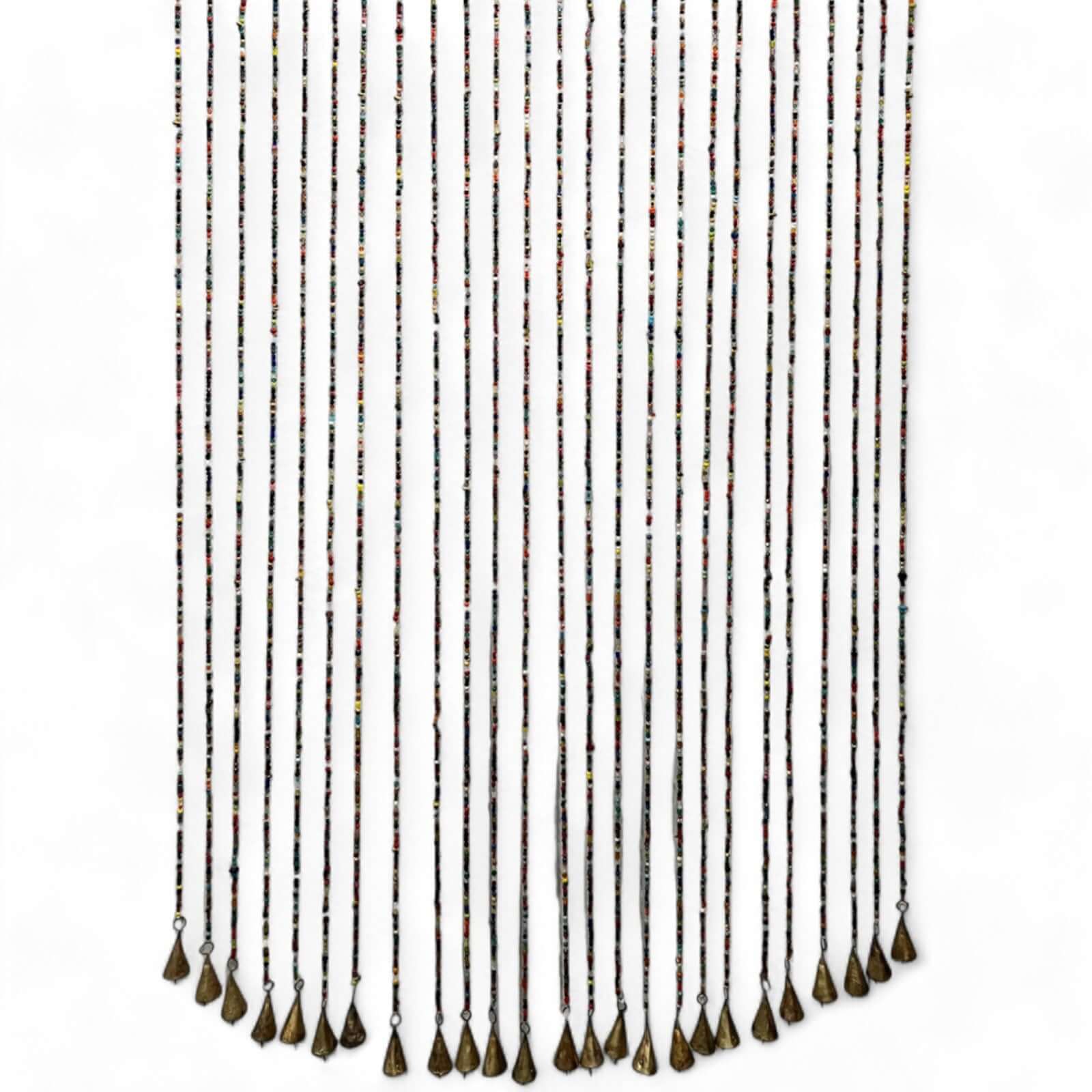 Colorful boho beaded doorway curtain with jingle bells, perfect for hippie-inspired home decor.